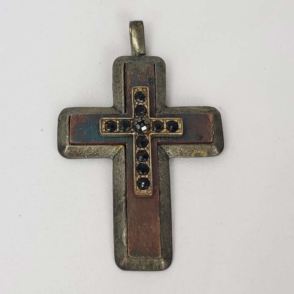 Metal & Wooden Rhinestone Large Cross Pendant